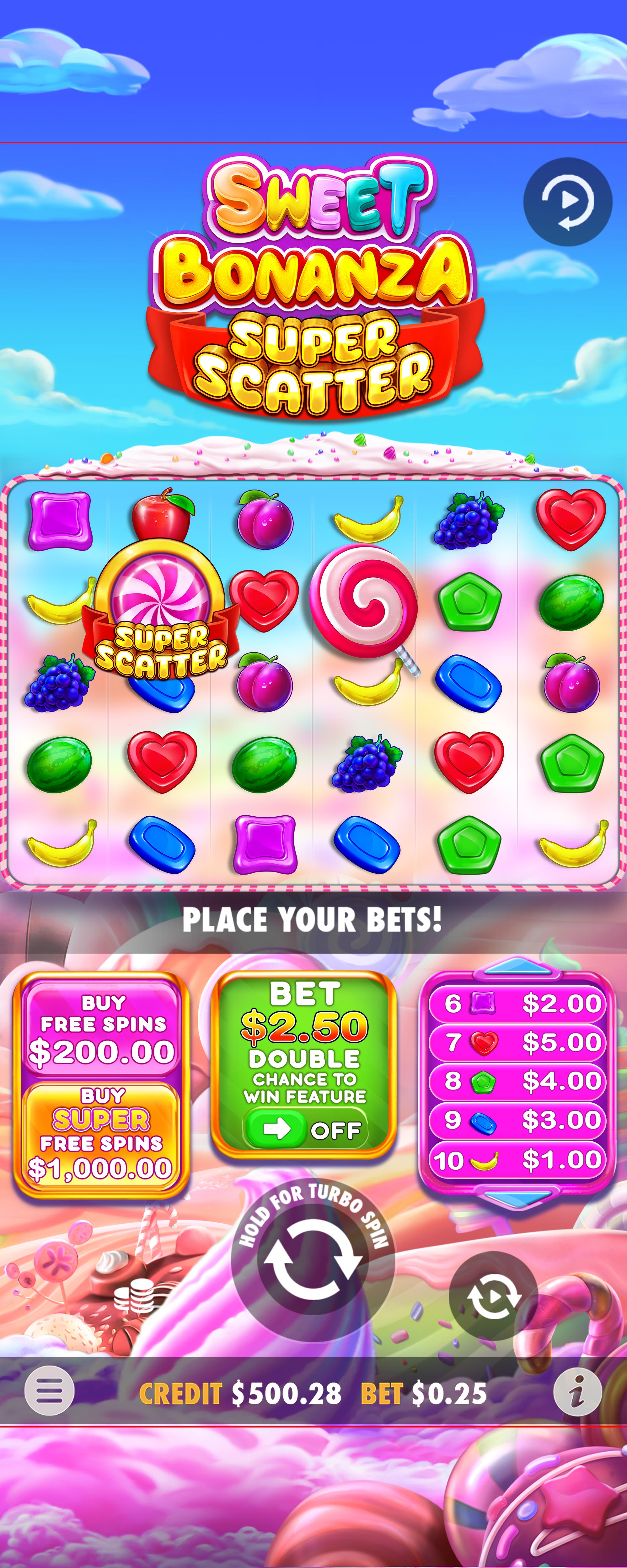Sweet Bonanza Super Scatter - screenshot with slot description 2